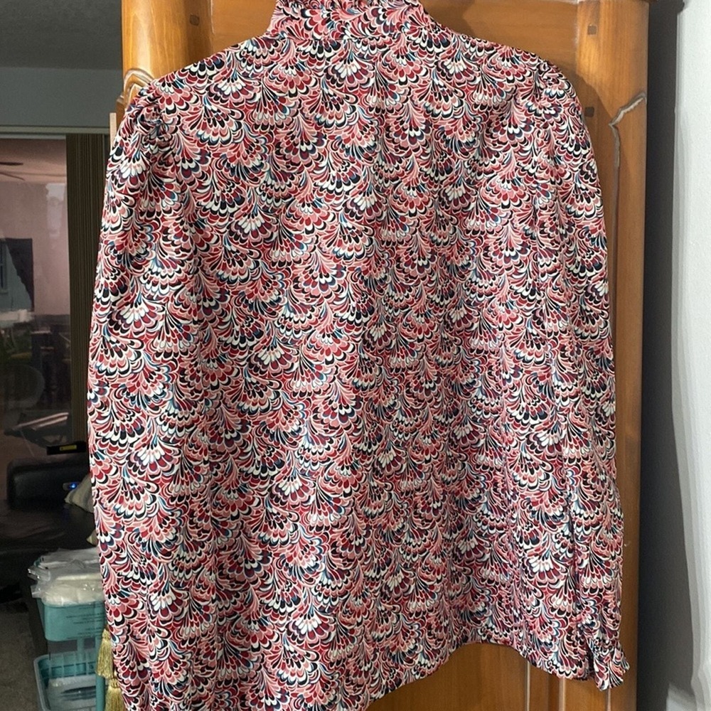 Lucky Winner Vintage Ruffle High‎ Neck Blouse Womens Size L Red Pink Psychedelic - Picture 5 of 6
